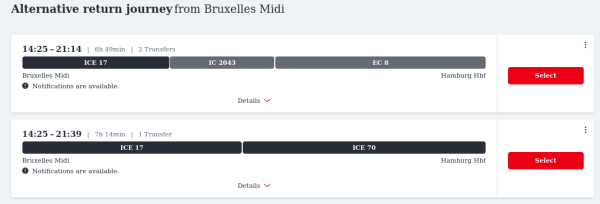 "Alternative return journey from Bruxelles Midi"