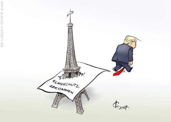 Karikatur aus dem Jahr 2017. Im Vordergrund sieht man den Eiffelturm mit aufgespießtem Blatt Papier mit der Aufschrift Klimaschutzabkommen. Im Hintergrund Donald Trump wie er sich gerade entfernt.