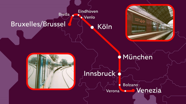 Map of Europe featuring a train route from Brussels via Cologn, Munich to Venice.