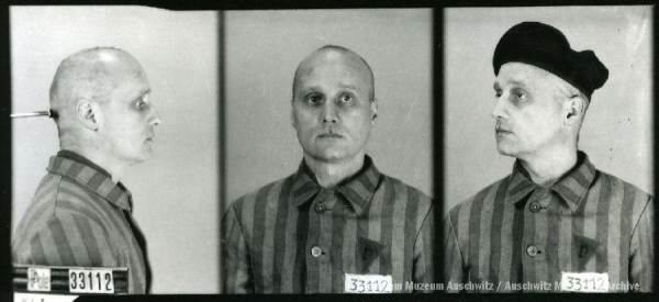 A mugshot registration photograph from Auschwitz. A man with a shaved head wearing a striped uniform photographed in three positions (profile and front with bare head and a photo with a slightly turned head with a hat on). The prisoner number is visible on a marking board on the left.