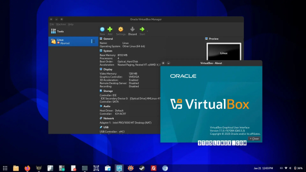 Screenshot of VirtualBox 7.1.6 showing the main window and the About VirtualBox dialog.