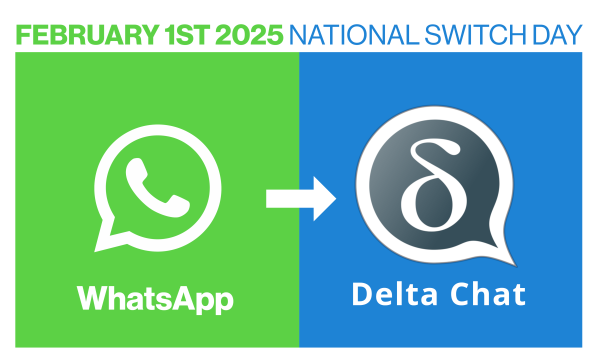 A sign with WhatsApp on the left, with a large arrow pointing to Delta Chat (another messaging service) to the right. Atop, it says February 1st 2025: National Switch Day