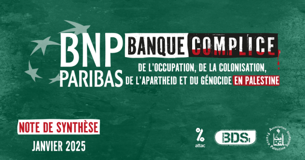 Illustration de l'article sur la note #BanqueComplice.

On voit le logo de la banque complice (BNP Paribas) avec le texte:
"BNP Paribas, Banque complice de l'occupation, de la colonisation, de l'apartheid et du génocide en Palestine"