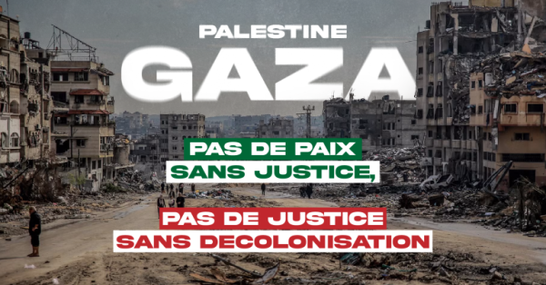 Illustration pour la série d'article sur Gaza, "Solidarité avec la Palestine"

On voit une image de la destruction à Gaza : des immeubles dévastés et détruits par les bombardements, des personnes démunies sur les routes.

Et en surimpression, le texte :
"Palestine, Gaza
Pas de paix sans justice
Pas de justice sans décolonisation
