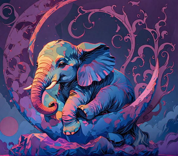 A vibrant, artistic depiction of an elephant serenely resting on an crescent moon-like arch. The elephant features bold shades of blue & purple, with intricate detailing in its ears & trunk. Surrounding the elephant is a crescent moon & decorative swirling vines add an ethereal quality. The background incorporates soft clouds & a hint of a circular shape that resembles a sun creating a dreamlike atmosphere.