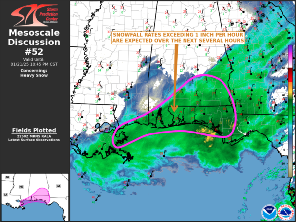 BIG PURPLE circled area around the Florida panhandle

MD 0052 CONCERNING HEAVY SNOW FOR FAR SOUTHEAST LOUISIANA...FAR SOUTHERN MISSISSIPPI...FAR SOUTHERN ALABAMA...FLORIDA PANHANDLE
        

Mesoscale Discussion 0052
NWS Storm Prediction Center Norman OK
0452 PM CST Tue Jan 21 2025

Areas affected...Far Southeast Louisiana...Far Southern
Mississippi...Far Southern Alabama...Florida Panhandle

Concerning...Heavy snow 

Valid 212252Z - 220445Z

SUMMARY...Heavy snow will be likely over the next few ho 