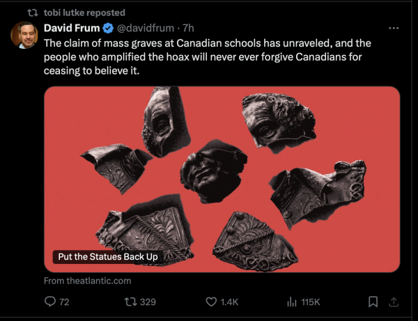 Screenshot from Twitter where Tobi Lutke is retweeting: The claim of mass graves at Canadian schools has unraveled, and the people who amplified the hoax will never ever forgive Canadians for ceasing to believe it.