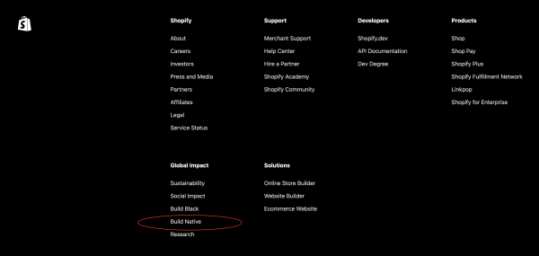 Footer on shopify.com (lots of links, circling the Build Native links)
