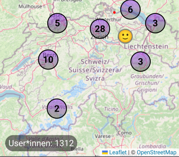 Screenshot der Schweiz mit einigen Clustern, die gut 60 Accounts repräsentieren.