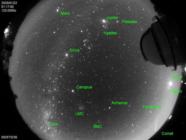 Full all sky image with lots of sky objects - including four from the solar system - labeled.