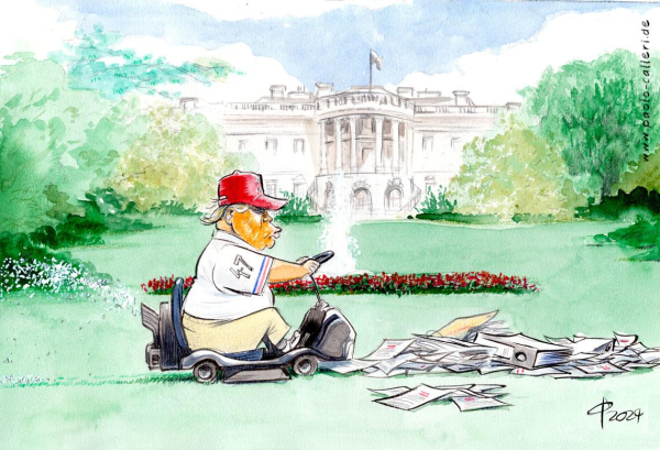 Karikatur. Donald Trump fährt auf einem Sitzrasenmäher durch den Garten des Weißen Hauses. Direkt vor ihm stapeln sich Blätter und Ordner. Aus dem Häcksler am Heck spritzen die papierschnipsel heraus. Trump trägt eine rote Baseballkappe und ein Poloshirt mit der Zahl 47 am Ärmel. Im Hintergrund sieht man einen von roten Blumen umsäumten Springbrunnen, Bäume und das Weiße Haus.