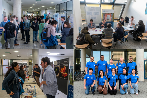 This shows four images from Göttingen's Postdoc Support and Information Fair in 2024. The images show researchers interacting with experts in a busy environment.  The experts are talking about mentoring, science communication, funding and more. The photos were taken by Peter Heller. 