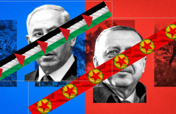 A montage of photos of the genocidal Netanyahu and Erdogan on the bodies of their victims, with the flags of Palestine and the PKK cut off/across their ugly faces.