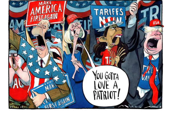 Cartoon. A crowd with banners that include Make America Great Afain and Tarrds Now, includes Farage, Truss, Partel and Johnson draped in MAGA kit