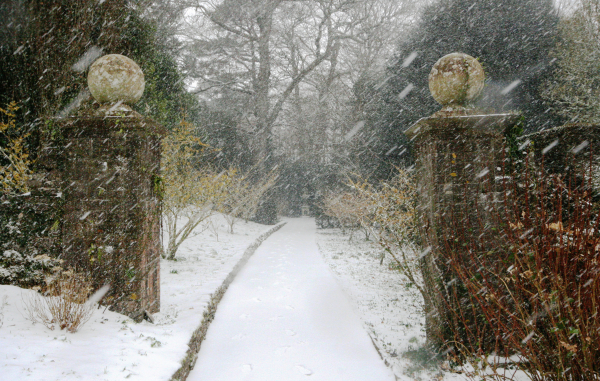 Snowy path between two gatepost.