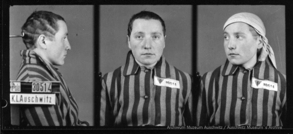 A mugshot registration photograph from Auschwitz. A woman wearing a striped uniform photographed in three positions (profile and front with a bare head and a photo with a slightly turned head with a headscarf on). The prisoner number is visible on a marking board on the left.