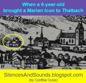 Bregenz in the image of M. Merian, 1643, showing the Parish church of St Gallus (E) and (perhaps) Thalbach (in yellow). Blog post title: When a 6-year-old brought a Marian icon to Thalbach.