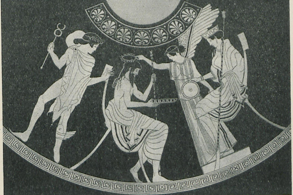 Black-and-white image of a red-figure vase painting. Zeus is seated opposite to Hera. Nike (rather than Iris) crowns his head. Hermes starts away, prepared to do his bidding.