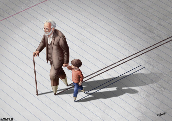 Cartoon showing an old man walking hand in hand with a young boy. Both have pencils for legs, drawing lines on a giant sheet of paper as they walk, The older man draw a line that stretches back, while the young boy's line has just started.