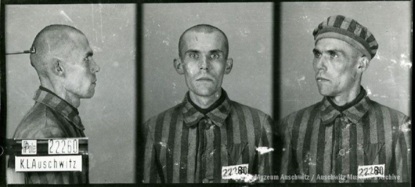 A mugshot registration photograph from Auschwitz. A man with a shaved head wearing a striped uniform photographed in three positions (profile and front with bare head and a photo with a slightly turned head with a hat on). The prisoner number is visible on a marking board on the left.