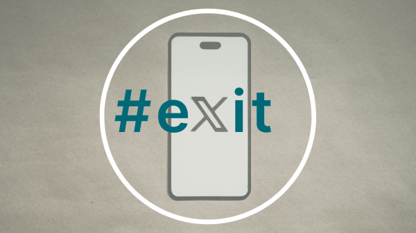 Illustration eines Smartphones in einem Kreis auf einem beigen Hintergrund. In der Mitte des Bildes steht der Hashtag „#exit“ in türkisfarbener Schrift, wobei das „x“ im Wort durch das Logo der Social Media Plattform X gebildet wird.