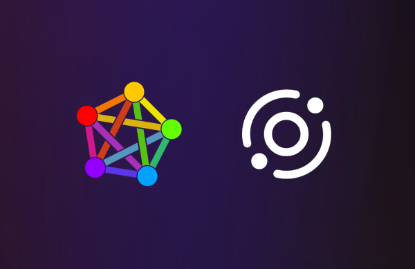 Two icons:

First, an icon showing five dots, each connected to the other dots with lines, forming a pentagram-shaped network.

Second, an icon showing a circle orbited by two lines and two dots.