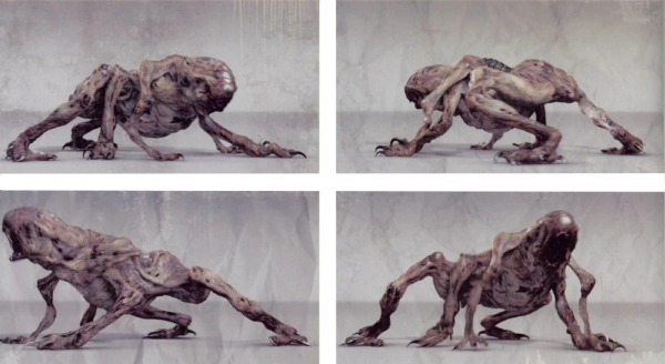 Image with four quadrants. In each of the four quadrants of the image is the Ursa creature from the movie "After Earth" from different angles. 