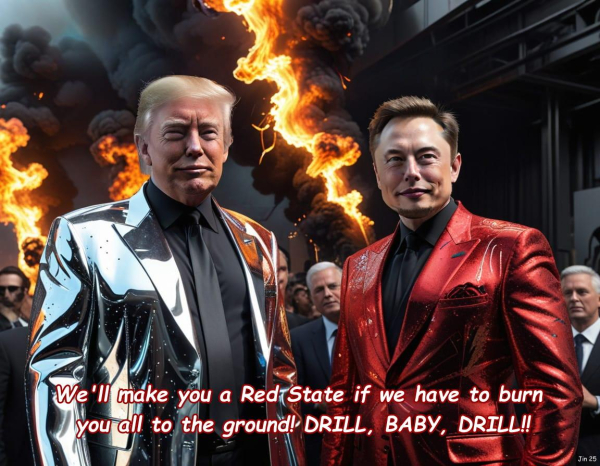 Trumpolini - burning the planet to the ground. (AI assisted cartoon by me)