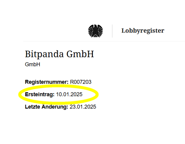 Screenshot des Lobbyregistereintrags der Bitpanda GmbH mit folgenden Informationen: 

"Bitpanda GmbH

Registernummer: R007203
Ersteintrag: 10.01.2025
Letzte Änderung: 23.01.2025"