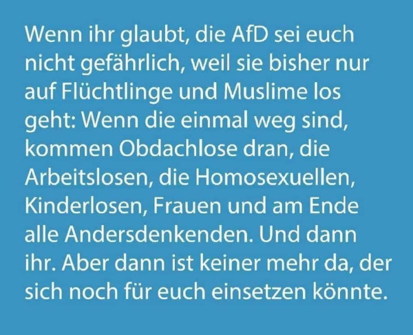 Wenn ihr glaubt, die AfD sei euch nicht gefährlich, weil sie bisher nur auf Flüchtlinge und Muslime los geht: Wenn die einmal weg sind, kommen Obdachlose dran, die Arbeitslosen, die Homosexuellen, Kinderlosen, Frauen und am Ende alle Andersdenkenden. Und dann ihr. Aber dann ist keiner mehr da, der sich noch für euch einsetzen könnte.