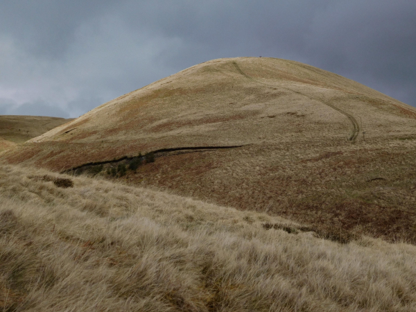 Colour photograph of a roughly cone shaped hill rising beyond a stretch of rough grass. The grass is the pale gold colour of winter. A path is visible, running up the hill to the summit. The sky is a cloudy dark grey.