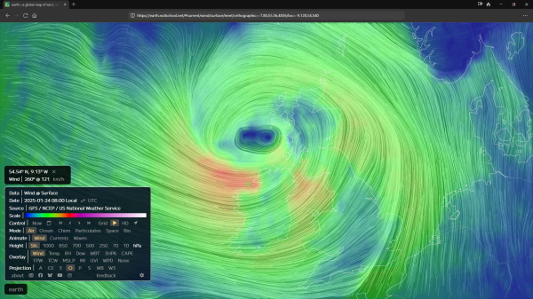 08:00
An orthographic map of the earth, zoomed in on the UK with the European mainland and Scandinavia on the right. Wind direction and speed at the surface is shown as coloured lines, using a colour scale to indicate strength. An oval is in the ocean above the north of Ireland and the west of Scotland - this is the storm centre. A small cyan circle is in the Atlantic Ocean above the headland of Connaught and Sligo.
Three panels on the lower left are showing wind speed at the cyan circle, the time and other data.