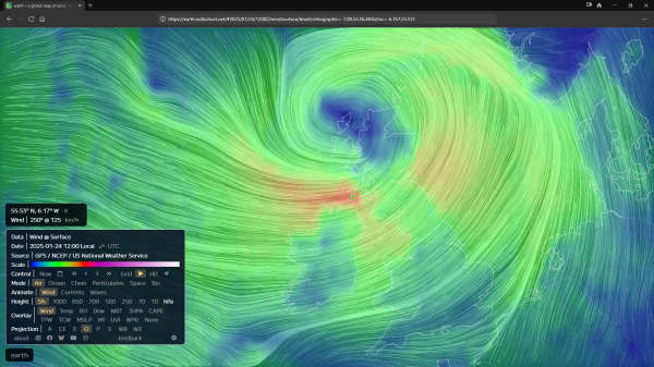 12:00
The map as before, the cyan circle is now closer to the Scottish western coast and is showing a wind speed estimate of 125 mph.