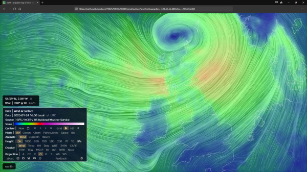 16:00
The same view of the UK map, the cyan circle is now showing a point off the eastern coast of Scotland, with a speed of 96 mph.