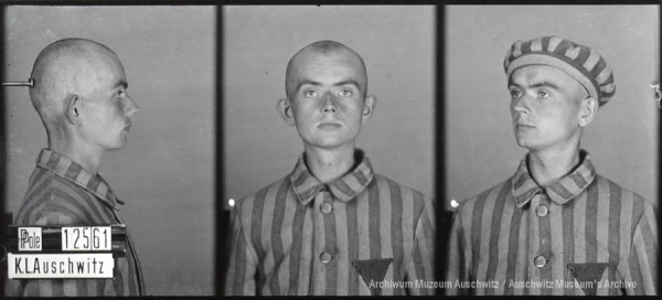 A mugshot registration photograph from Auschwitz. A man with a shaved head wearing a striped uniform photographed in three positions (profile and front with bare head and a photo with a slightly turned head with a hat on). The prisoner number is visible on a marking board on the left.