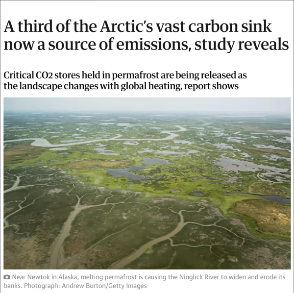 Screenshot from top of linked article headline says: "A third of the Arctic's vast carbon sink now a source of emissions, study reveals." Below this is an aerial photo of melting permafrost in Alaska