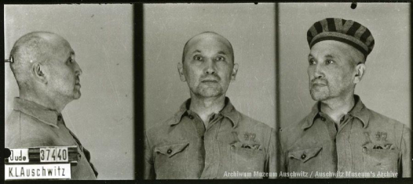 A mugshot registration photograph from Auschwitz. A man with a shaved head wearing a striped uniform photographed in three positions (profile and front with bare head and a photo with a slightly turned head with a hat on). The prisoner number is visible on a marking board on the left.