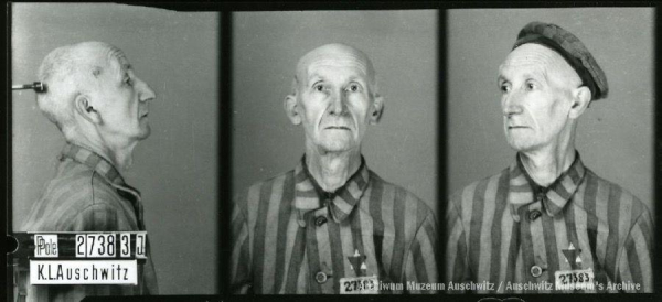 A mugshot registration photograph from Auschwitz. A man with a shaved head wearing a striped uniform photographed in three positions (profile and front with bare head and a photo with a slightly turned head with a hat on). The prisoner number is visible on a marking board on the left.