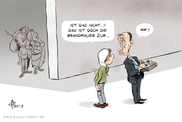 Karikatur. Ein Mann mit weißer Schlafmütze steht neben Friedrich Merz und deutet auf eine schwebende Betonwand. Es ist für uns nicht sichtbar, aber die Wand wird wohl vom CDU-Poitiker mittels eines Krans positioniert. Merz betätigt dazu eine Steuerungskonsole, die an Gurten um seine Schultern eingehängt ist. Auf der anderen Seite der Wand steht eine Gruppe Menschen, die mit weit aufgerissenen Augen in die Höhe schauen. Ein Mann trägt einen Bündel über seiner Schulter, eine Frau mit Kopftuch trägt ein Kind auf ihrem Arm. Der Mann mit der Schlafmütze fragt Merz: "Ist das nicht...? Das ist doch die Brandmauer zur...?" Dieser blickt aber nur gelangweilt auf seine Arbeit und antwortet mit einem "Hm?"