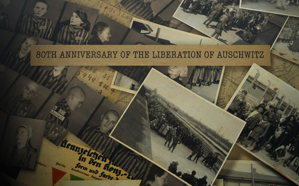 A commemorative collage marking the "80th Anniversary of the Liberation of Auschwitz" features a collection of historical black-and-white photographs, including portraits of concentration camp prisoners in striped uniforms, scenes of camp life, and liberation moments. The central text overlay on a brown banner reads "80TH ANNIVERSARY OF THE LIBERATION OF AUSCHWITZ." The background includes aged documents, maps, and images, emphasizing the somber and reflective tone of the memorial.