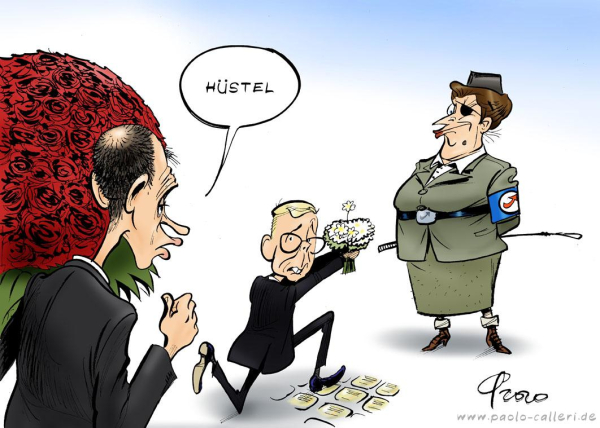 Karikatur aus dem Jahr 2020. Philipp Amthor kniet vor einer Frau in militärischer grüngrauer Kleidung und hält ihr einen kleinen Blumenstrauß hin. Sein Fuß ruht dabei auf den sogenannten Stolpersteinen, im Boden verlegte kleine Gedenktafeln. Die Frau trägt Augenklappe, eine blaue Armbinde mit rotem Pfeil. In ihren Hände hinter ihrem Rücken verschränkt hält sie eine Reitgerte. Außerdem trägt sie eine Augenklappe. Hinter Amthor taucht Friedrich Merz auf und hüstelt, woraufhin Amthor sich umdreht und eingeschüchtert dreinblickt. Merz führt einen riesigen Rosenstrauß mit sich.