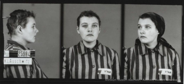 A mugshot registration photograph from Auschwitz. A woman wearing a striped uniform photographed in three positions (profile and front with a bare head and a photo with a slightly turned head with a headscarf on). The prisoner number is visible on a marking board on the left.