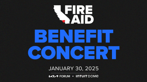 Image promoting the FireAid Benefit Concert, January 30, at the Kia Forum and Intuit Dome.