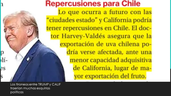 Repercusiones para chile
Lo que ocurra a futuro con las "ciudades estados" y California podría tener repercusiones en Chile.  El dr Harvey Valdés asegura que la exportación de uva chilena podría verse afectada, ante una menor capaidad adquisitiva de California, lugar de mayor exportación del fruto. (Pdte Trum´p mostrando desdén)