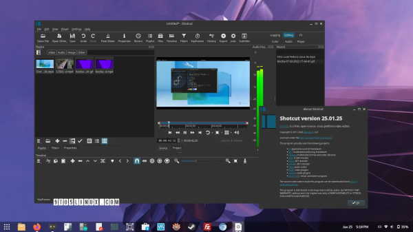 Screenshot of Shotcut 25.01 showing the main window while editing a video file and the About Shotcut dialog.