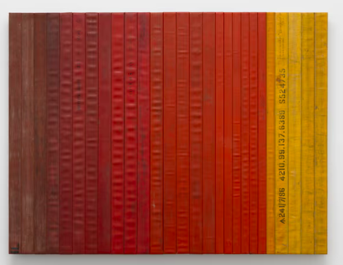 Gates’s Civil Color Spectrum, 2023, made from wood and decommissioned fire hose. Photograph: © Theaster Gates. Photograph © White Cube - depicts a spectrum of 'stripes' from left to right starting dark red and ending up as yellow at the far end, as the last five hoses are different colour