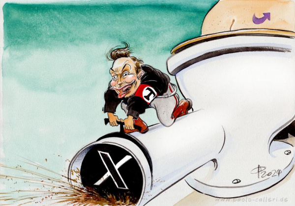 Karikatur. Elon Musk kniet lachend auf einem Abflussrohr, das von einer großen Kloschüssel wegführt. Er löst gerade eine Sperre, die verhindern soll, dass das braune Abwasser sich in den Raum ergießt. Die Sperre ist schwarz und hat das X der social media Plattform X aufgedruckt. Man sieht bereits, wie die Brühe hervorspritzt. Auf der großen Kloschüssel sitzt jemand, von dem man allerdings nur dessen Hintern mit eintätowiertem AfD-Pfeil sieht. Musk trägt ein schwarzes Hemd, eine rote Armbinde mit weißem Kreis und schwarzem T. Außerdem graue Reithosen und rotbraune Stiefel.