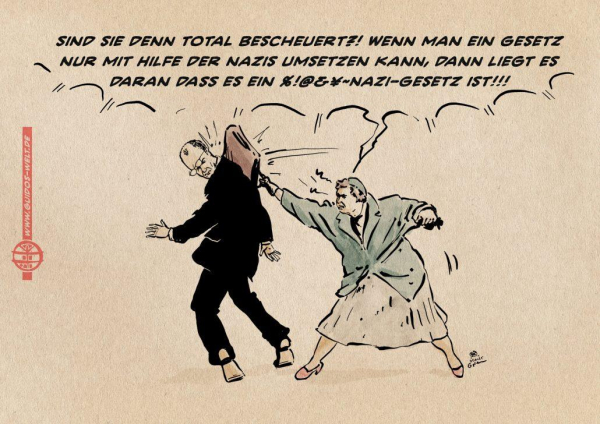 Illustration einer wütenden Frau, die Friedrich Merz eine Handtasche an den Kopf knallt. Die Frau ist ein Bildzitat des seinerzeit berühmten Pressebildes Frau mit Handtasche. Das zeigte eine robuste Dame, die 1985 einem Neonazi bei einem Nazi-Aufmarsch eine Handtasche überzieht. Sie ruft: Sind sie denn total bescheuert!? Wenn man ein Gesetz nur mit Hilfe der Nazis umsetzen kann, dann ist liegt es daran, das es ein %!@&¥~Gesetz ist!!!