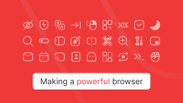 Image with Vivaldi’s user interface icons in a 5x9 grid on a red background.