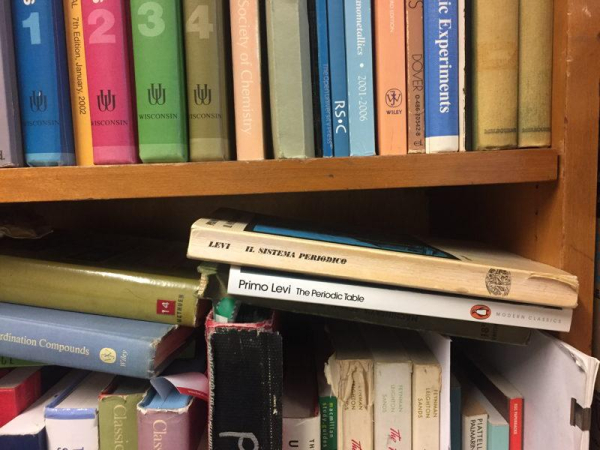 My office bookshelf with a copy of Il Sistema Periodico lying on its side above its English translation. The Italian copy was given to me when I was a teenager by my grandmother, who had been an ardent anti-fascist during Mussolini's regime. She helped italian partisans during the war and provided safe passage to Jews fleeing towards Switzerland over the mountains of Piedmont. 